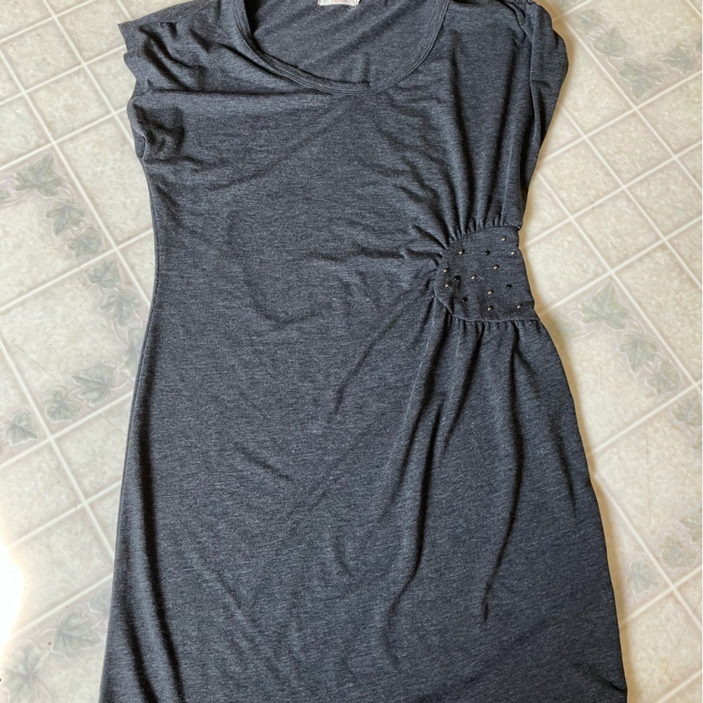 Tulle Knit Gathered Side Beaded Gray Sheath‎ dress